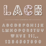 Paper cut out filigree decorative font. Laser cutting. Lacy ornate ABC letters and numbers. For wedding design. Vector